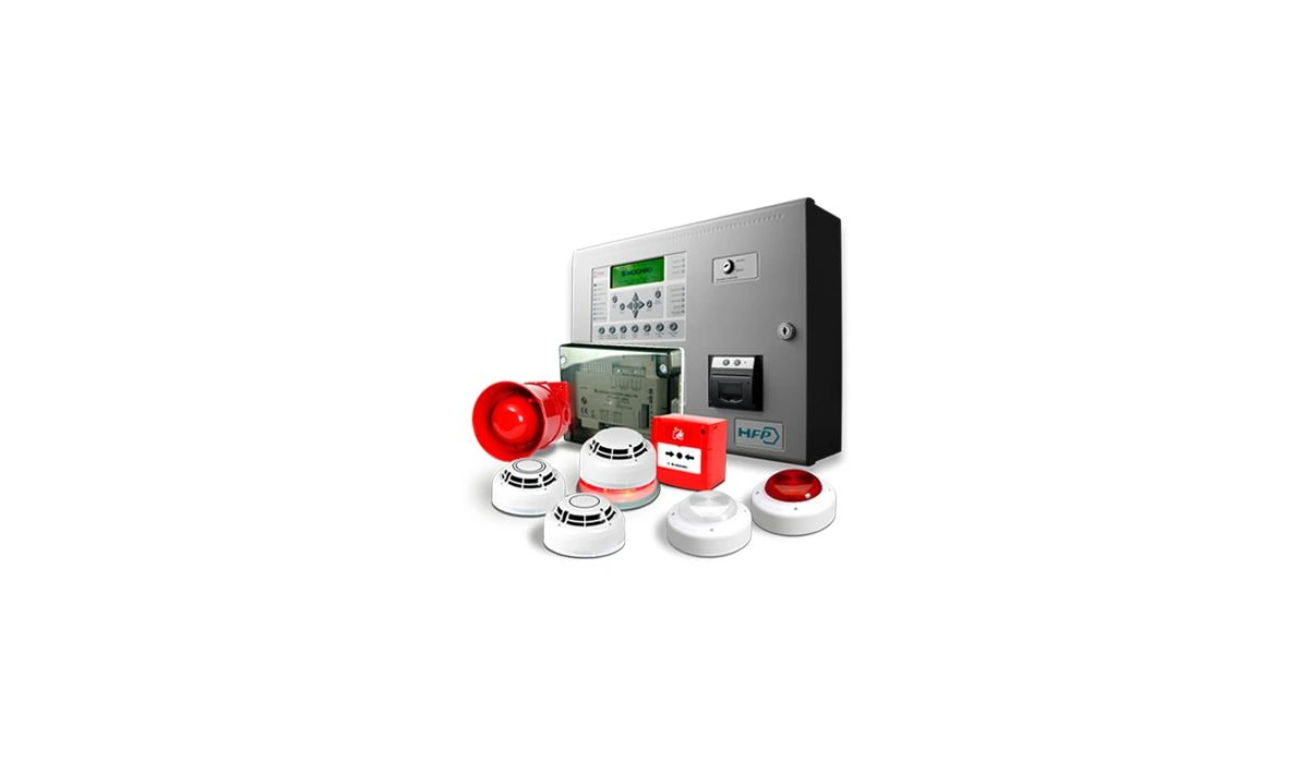Fire alarm control panel, smoke detectors, call points and alarm sounders